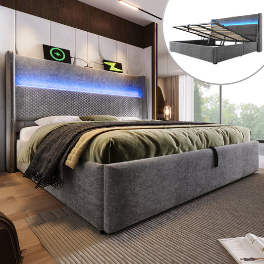 Modern Hydraulic Bed With High Headboard, 140x200cm Double Bed With LED Lighting, Storage Space & USB Type-C Ports, In Linen Look Grey  Without Mattress