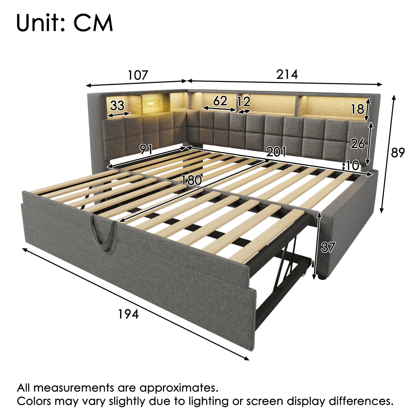 Linen Upholstered Bed 90x200 With Pull-out Bed 90x190, LED, Bluetooth Speaker, USB & Type-C Charging Port, L-headboard With Storage Shelf, Sofa Bed Guest Bed, Grey, Without Mattress