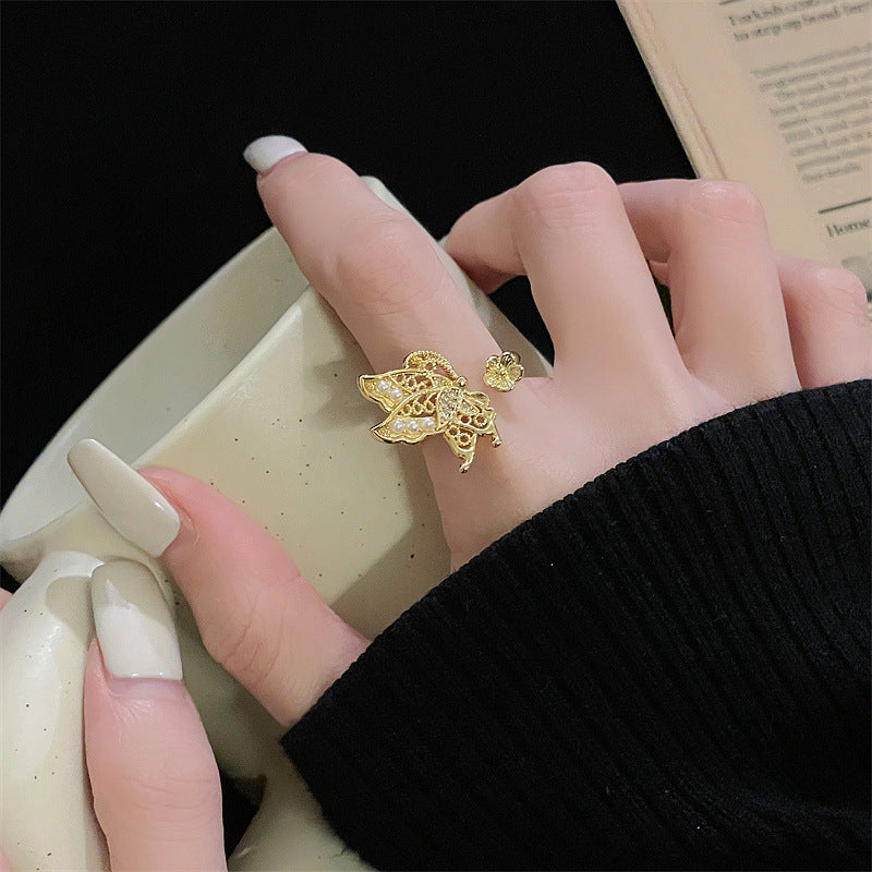 Niche Gold Vintage Brushed Retro Ring For Women, Zircon Inlay Luxury Exquisite Temperament Personalized Accessories
