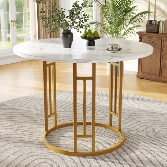 Round Dining Table 80x80x76cm, Kitchen Dining Table, Round Coffee Table For 4 People, Suitable For Dining Room, Living Room, Stylish Metal Table Legs, MDF Marble Table Top, Gold
