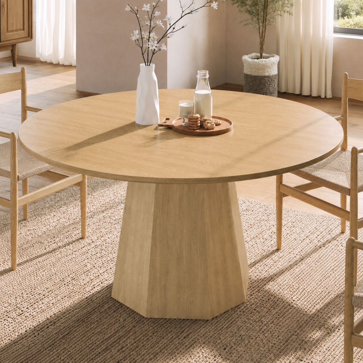 47  Round Dining Table For 4-6, 120 X 120 Cm Farmhouse Wood Kitchen Table, Round Table For Home Dining Room Living Room, Oak Color  Only Table