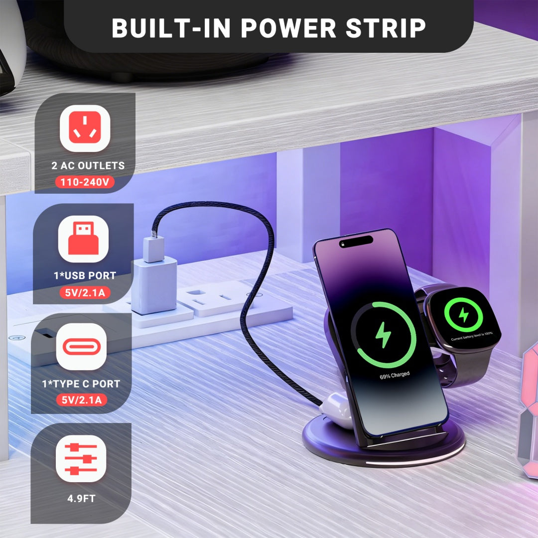 53-inch Gaming Table With USB Charging Port And LED Light, Reversible L-shaped Table With Power Socket And Monitor Stand