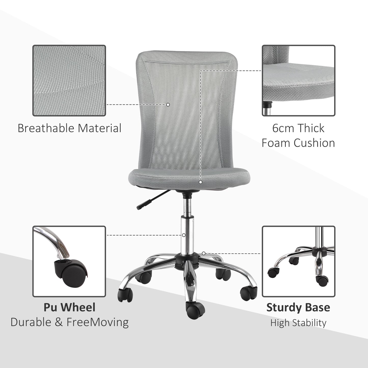 Vinsetto Office Chair, Armless Desk Chair, Adjustable Computer Swivel Chair With Rolling Wheels And Mesh Back For Home Work Study, Grey