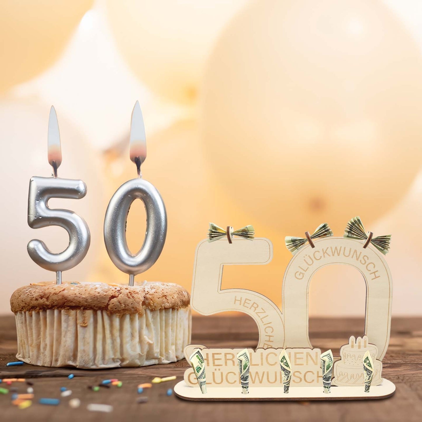 50th Birthday Wooden Money Gift, Wooden Number 50 For Cash Gift, Wooden 50th Birthday Decorations For Table Decor And Birthday Celebrant Party Accessory Set