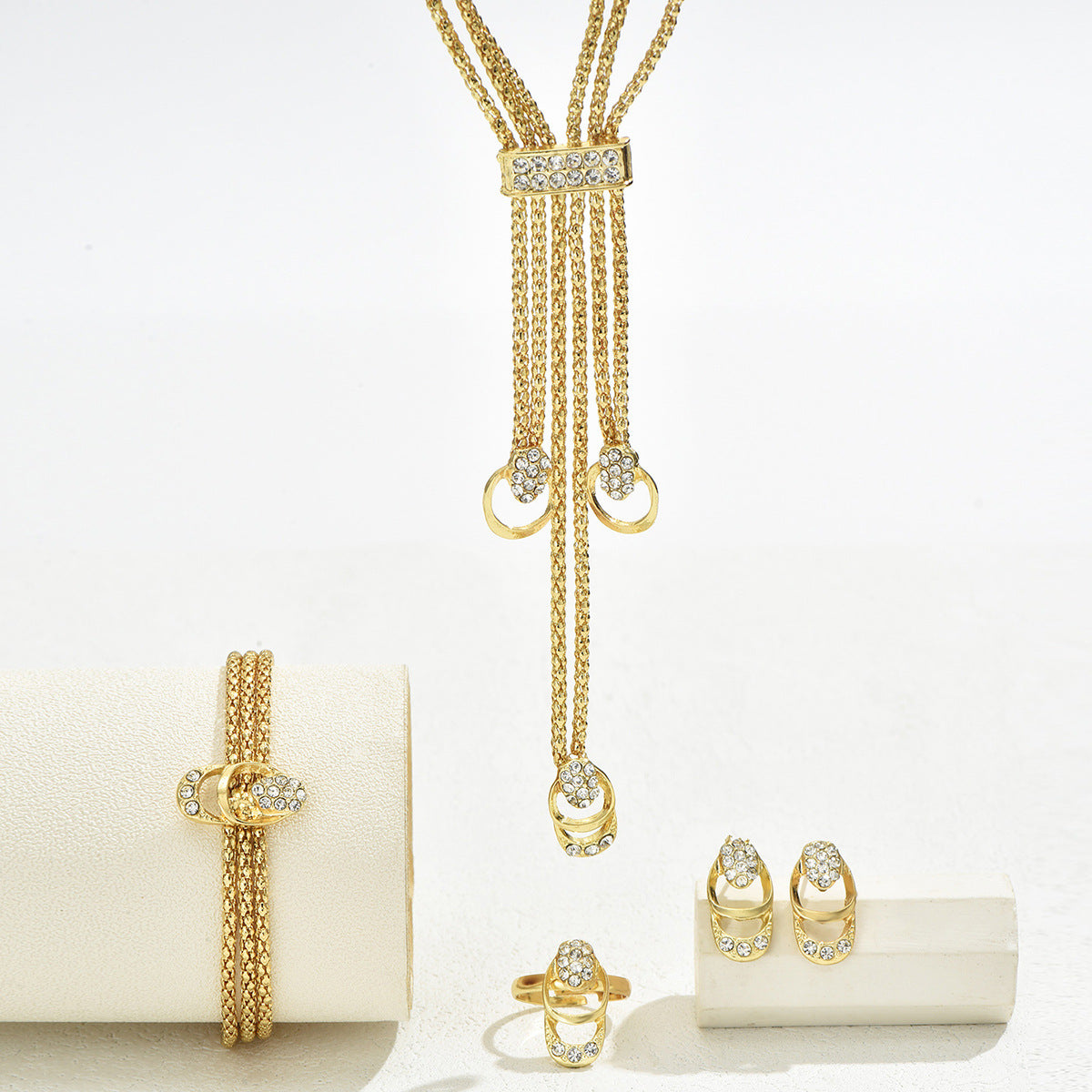 Cross-border New Minimal Delicate Women Jewelry Set, Inlaid Cubic Zirconia Long Clavicle Necklace, Matching Earrings & Index Finger Ring, Niche Versatile Daily Accessories