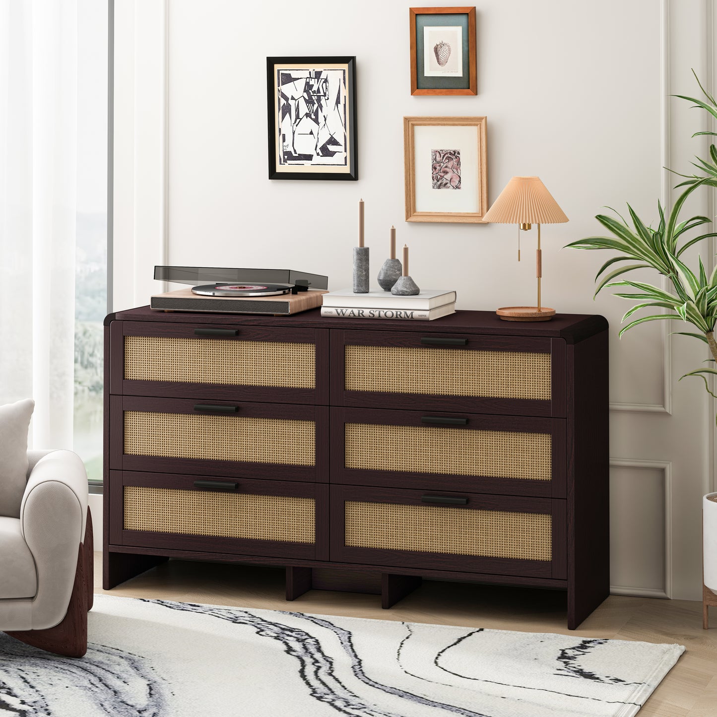 130CM  Shaped Corner Rattan Cabinet, 6-Drawers Rattan Storage Cabinet Rattan Drawer, For Living Room Bedroom,and Kitchen, Reddish-brown, Brown