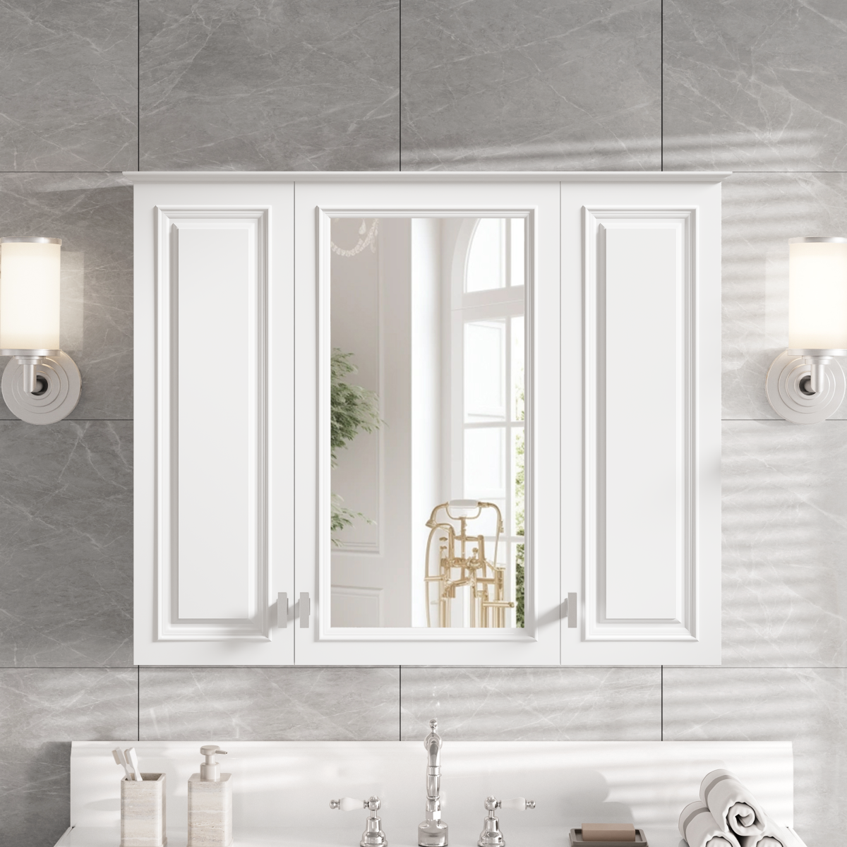 35 inch 2-in-1 Bathroom Wall Cabinet, Wall Mounted Medicine Cabinet with 5 Adjustable Shelves, Mirrored Door Over Toilet Storage Cabinet, White