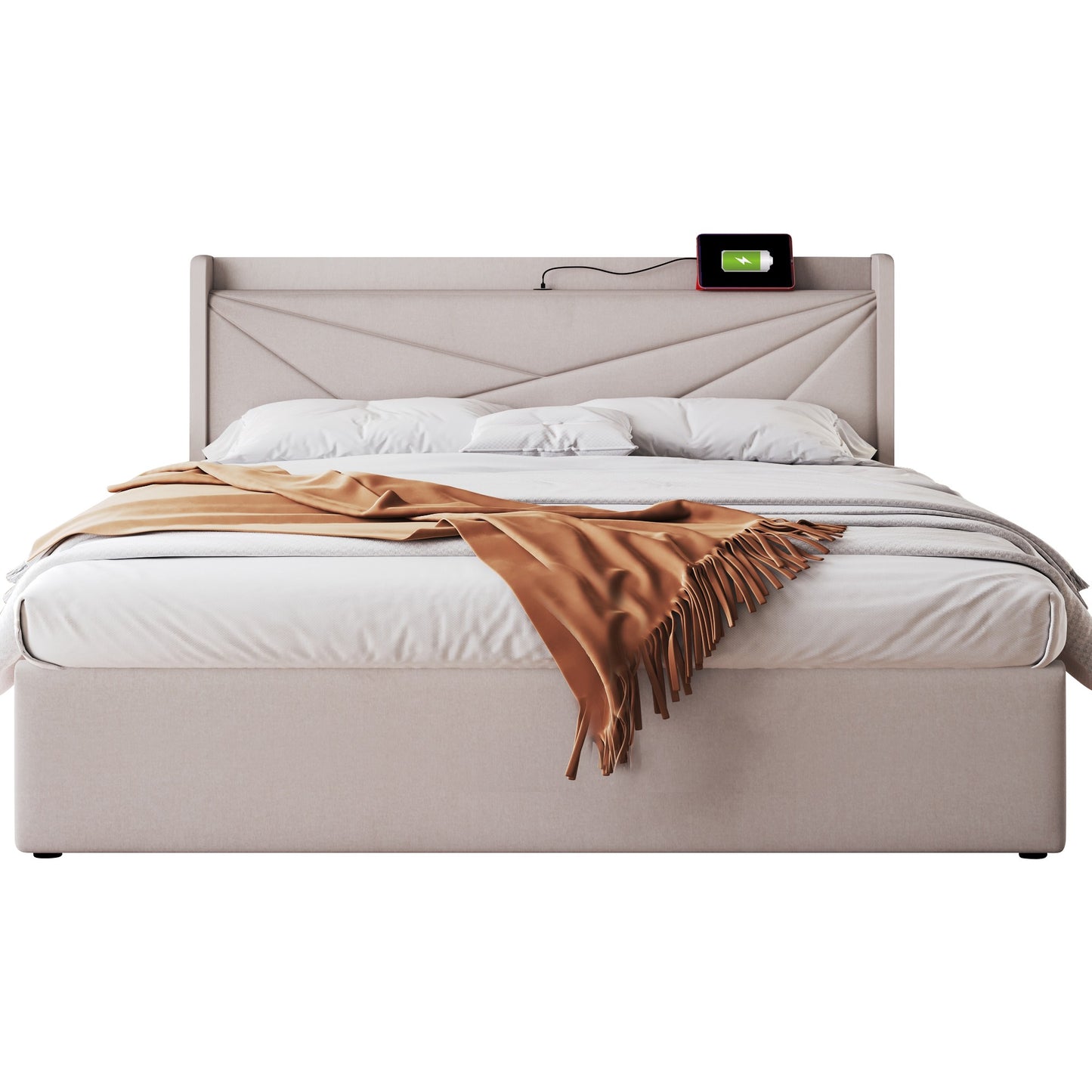 Upholstered Bed Double Bed Storage Bed Box With USB Type C Charging Function Headboard,Storage Beds Bed Frame Made Of Linen Material Youth Bed Bed 160x200 With Slatted Base  Without Mattress