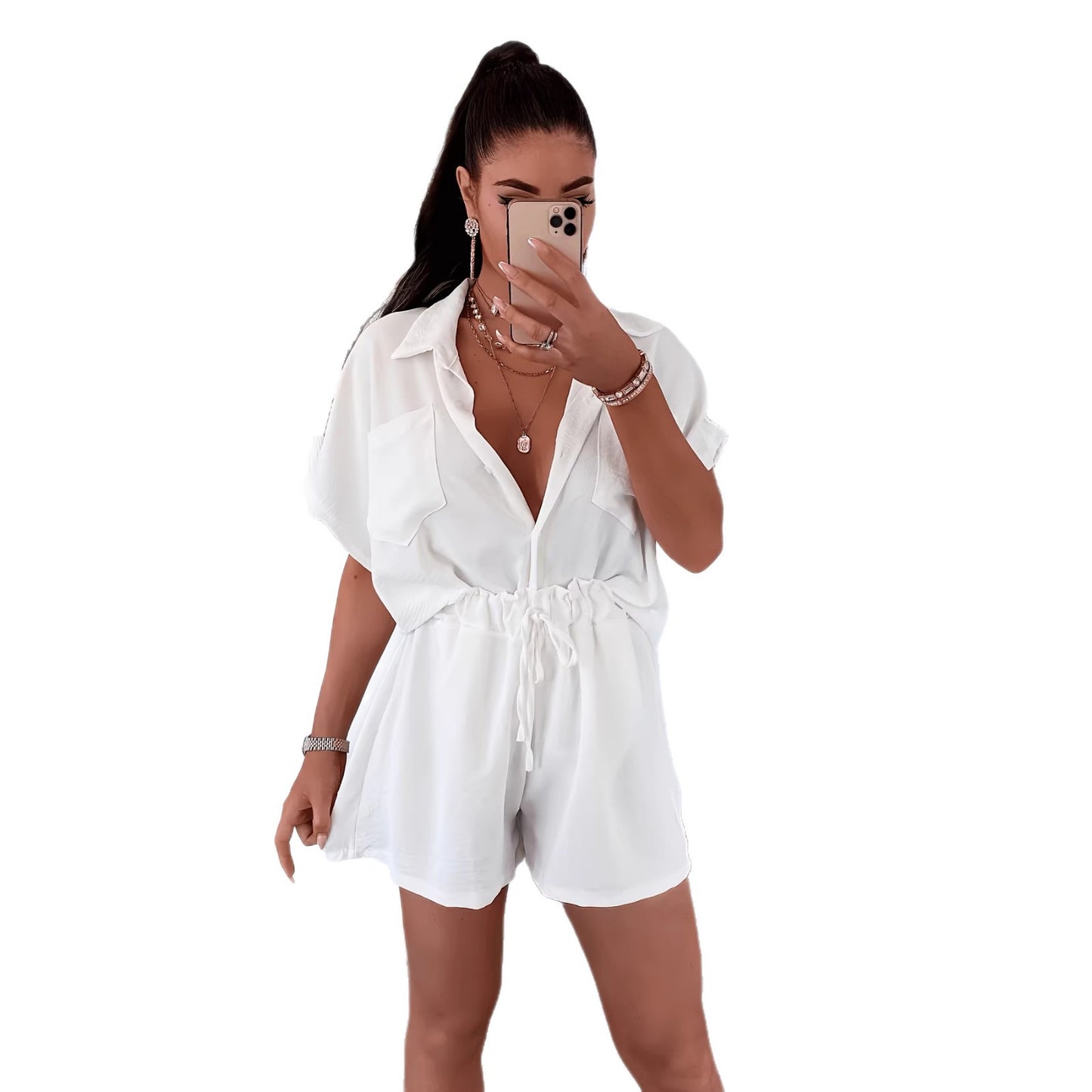 Womens Fashion Casual Short-sleeve Top And Shorts Two-piece Set
