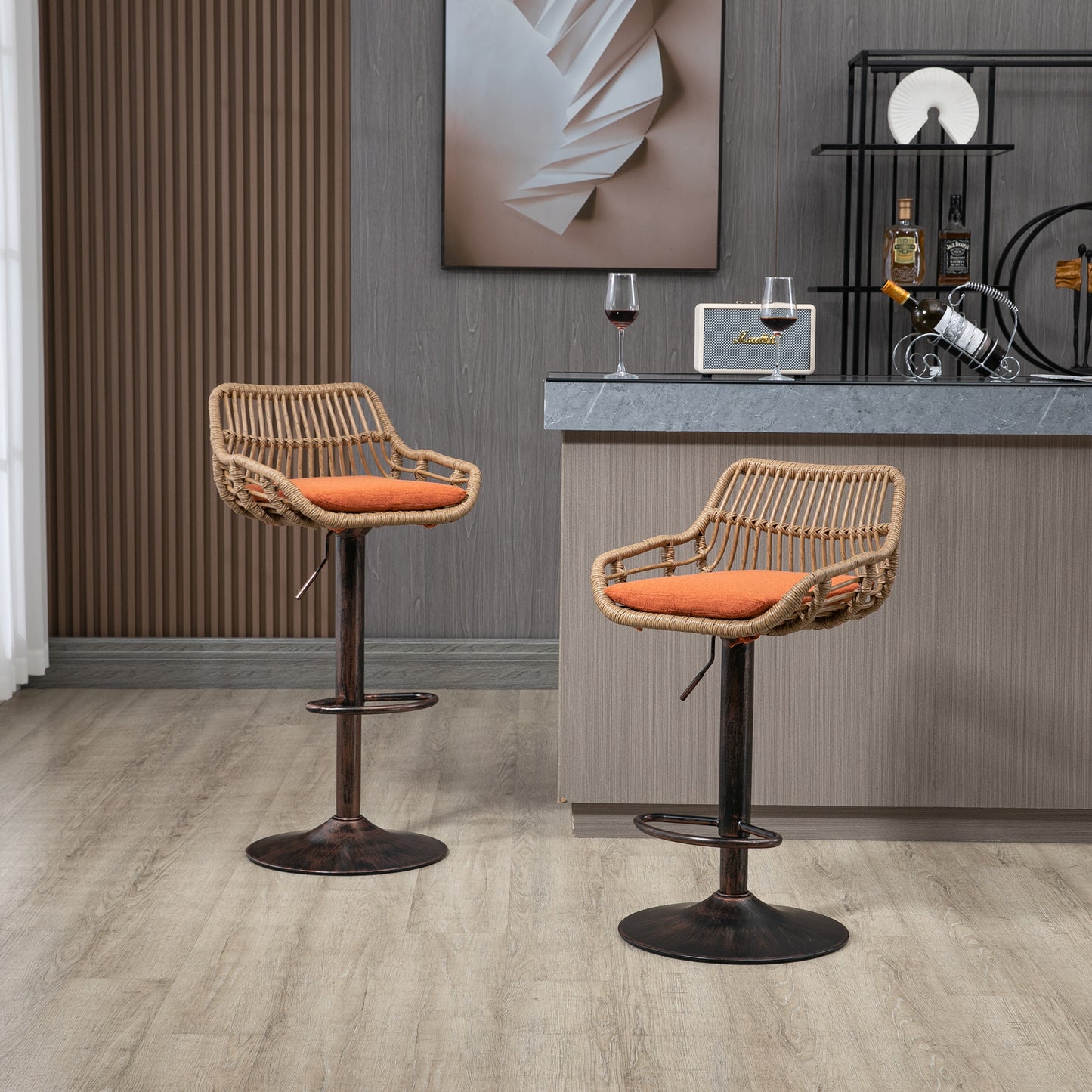 Modern Swivel Bar Stools Set Of 2 Adjustable Counter Height Chairs With Footrest For Kitchen, Dining Room  Orange