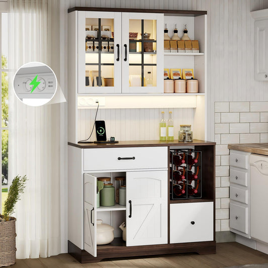 Barn Style Kitchen Cabinet, Tall Cabinet, Vintage Storage Cabinet With Adjustable Shelves, Drawers, Stainless Steel Hooks, Color Changing LED Lighting, And Electrical Outlets, 185 X105 X40