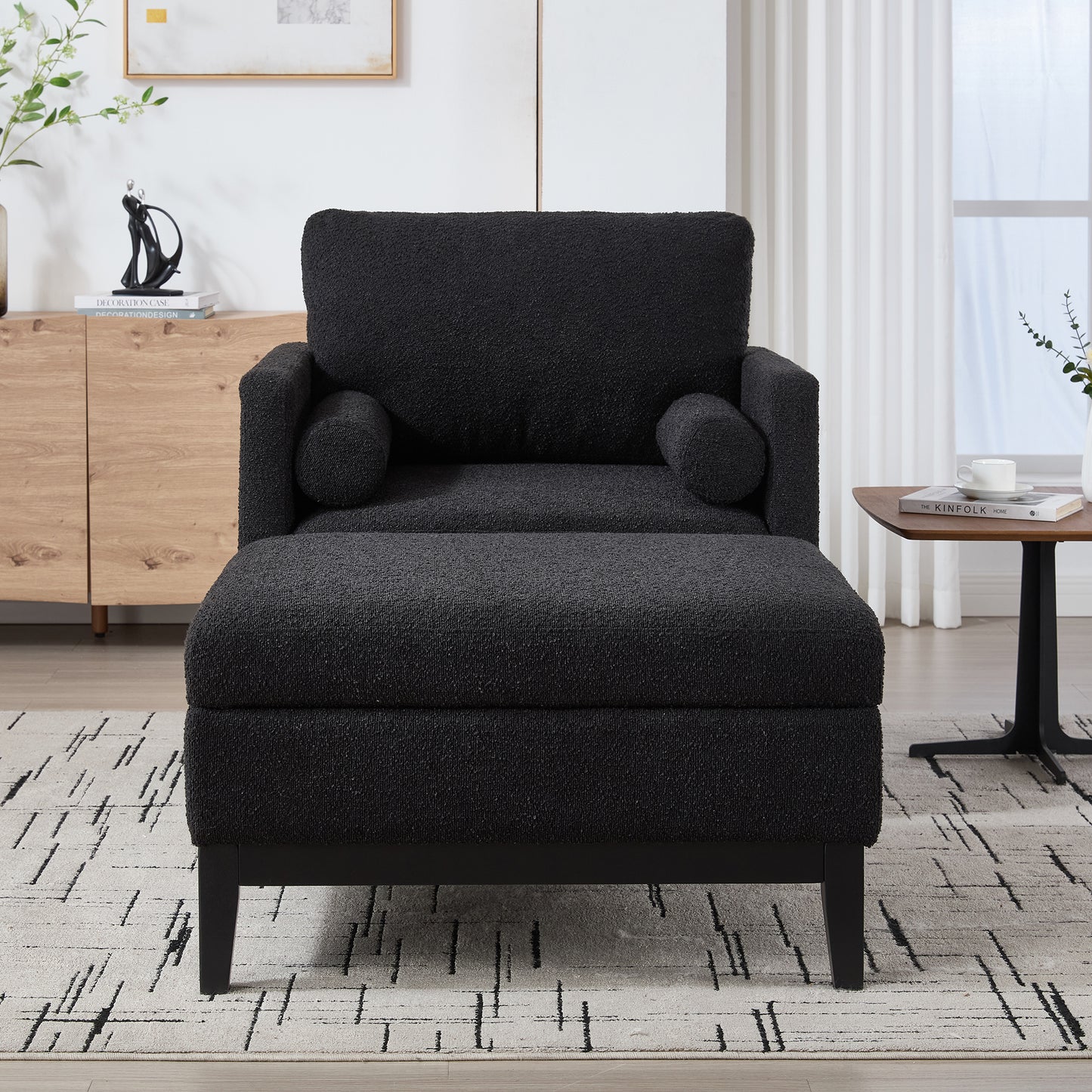 35.4  Wide Farmhouse Performance Upholstered Wood Base Square Accent Arm Chair With Ottoman Black Finish Legs With Reversible Lid Coffee Table For Living Room Office And Lounge,Black Boucle