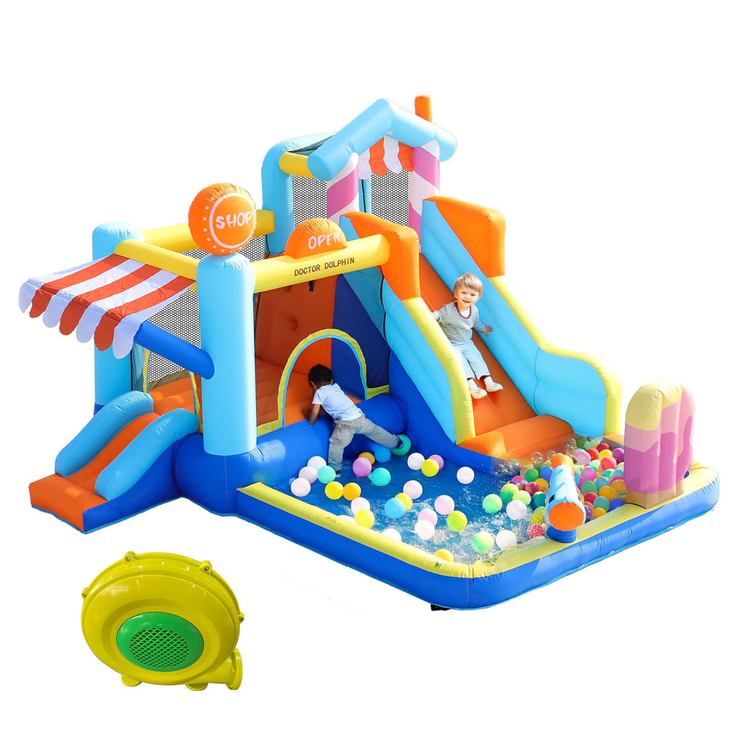 With Blower Kids Bouncy Castle, Multifunctional Outdoor Water Park  Trampoline, Water Slide, Small Slide, Fountain, Water Guns, Shop Awning, Including 450W Blower