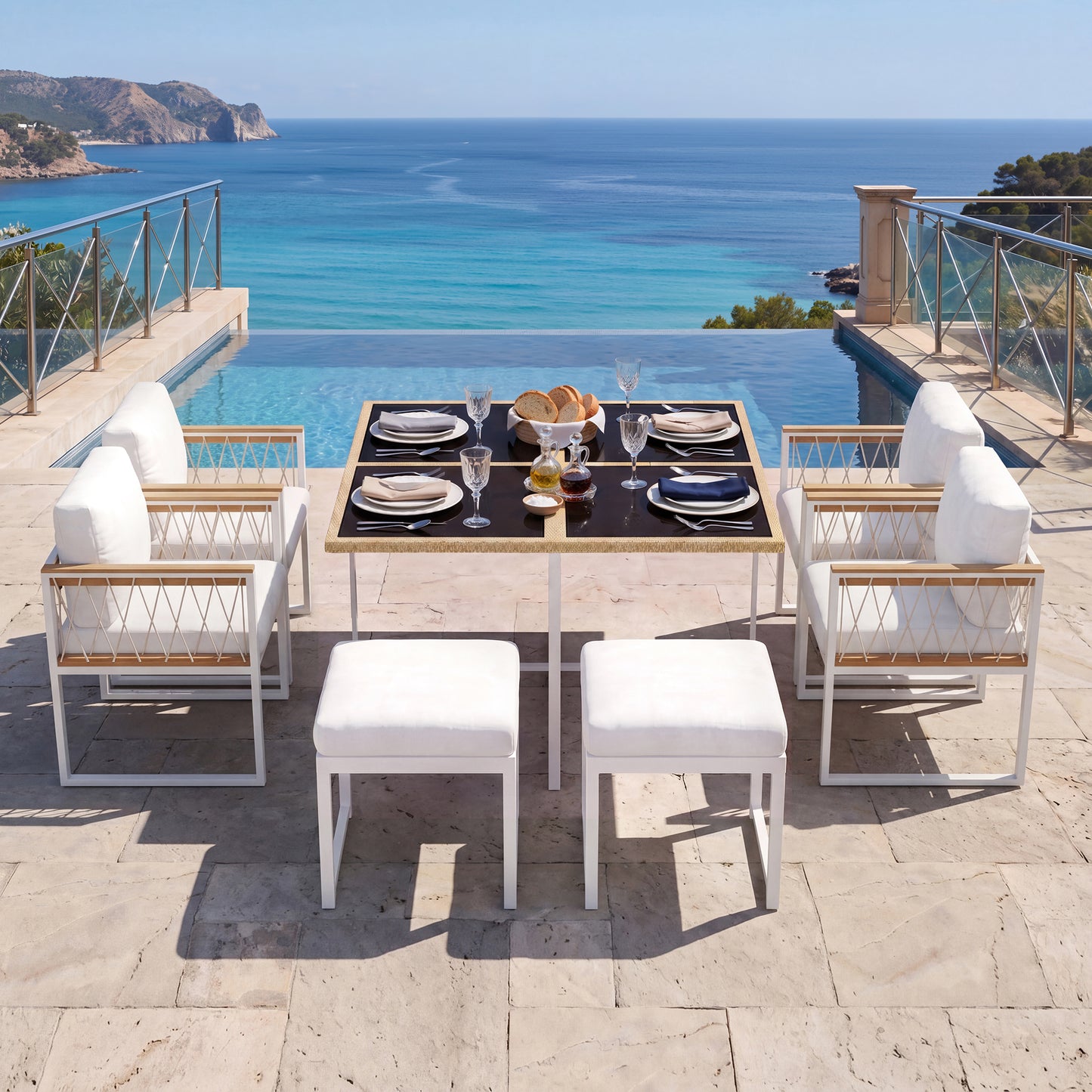 This 7-piece Garden Furniture Set Can Accommodate 6 People. It Features A Tempered Glass Tabletop With Polyester Rope Wrapping And WPC Handrails, Making It Ideal For Outdoor Applications.