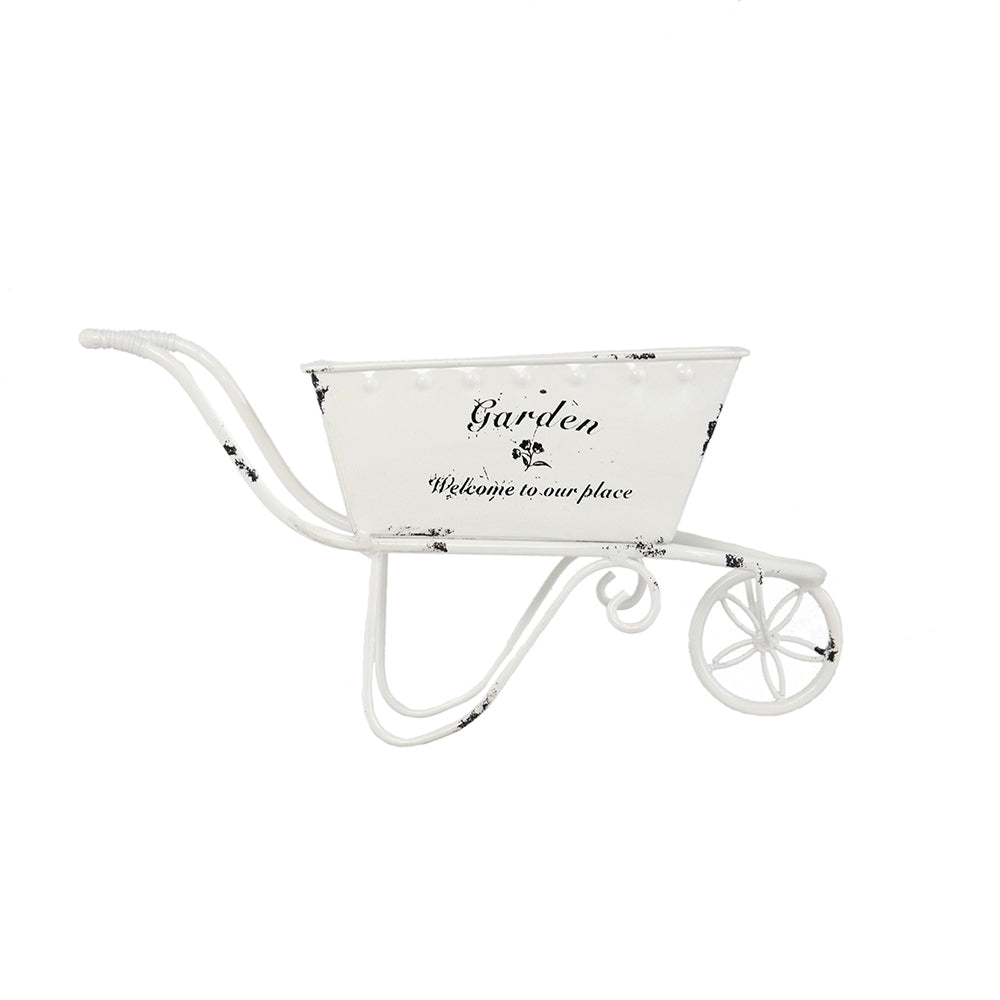 11.5x4x7  White Metal Decorative Disressed Wheelbarrow Planter, Tabletop Decor