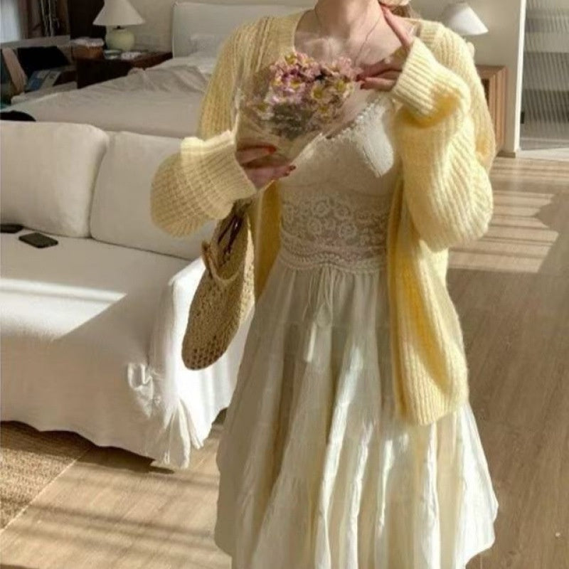 Spring New Arrival Yellow, Laid-back Style Knit Cardigan Sweater For Women