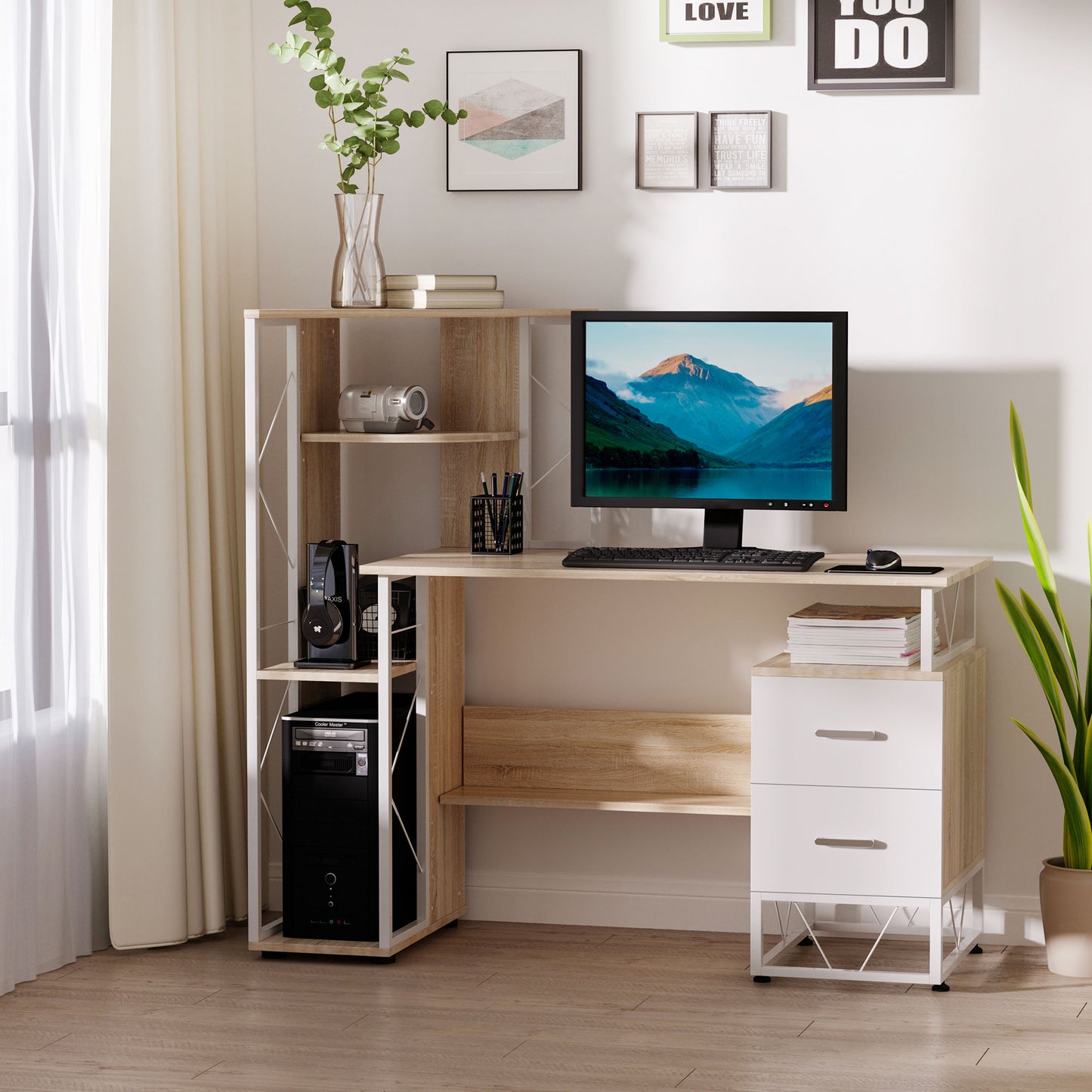 Computer Desk With Drawers And Bookshelf, Writing Desk For Home Office With Storage Shelves, Study Workstation, Oak
