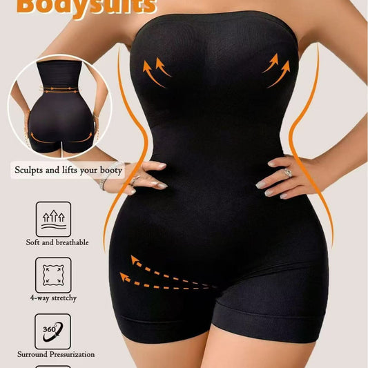 Off Shoulder Bandeau Shapewear Bodysuit For Women, Sexy Strapless Tummy Control Waist Slim Butt Lifting Seamless Body Sculpting Suit