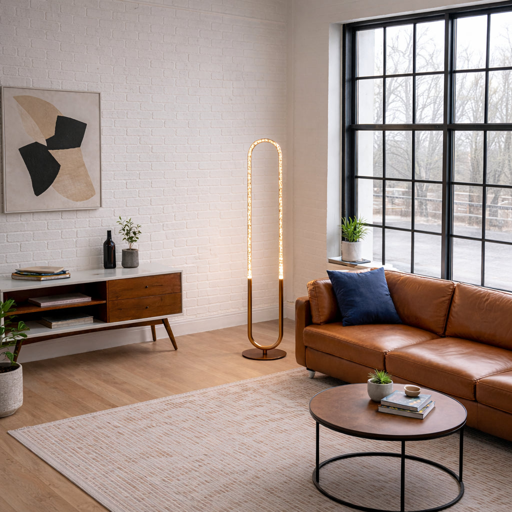 Contemporary Floor Lamp, LED Standing Light For Living Room Centerpiece, Bedroom & Office Lighting, Zeon LED Floor Lamp Coarse Gold And Clear 110-120V