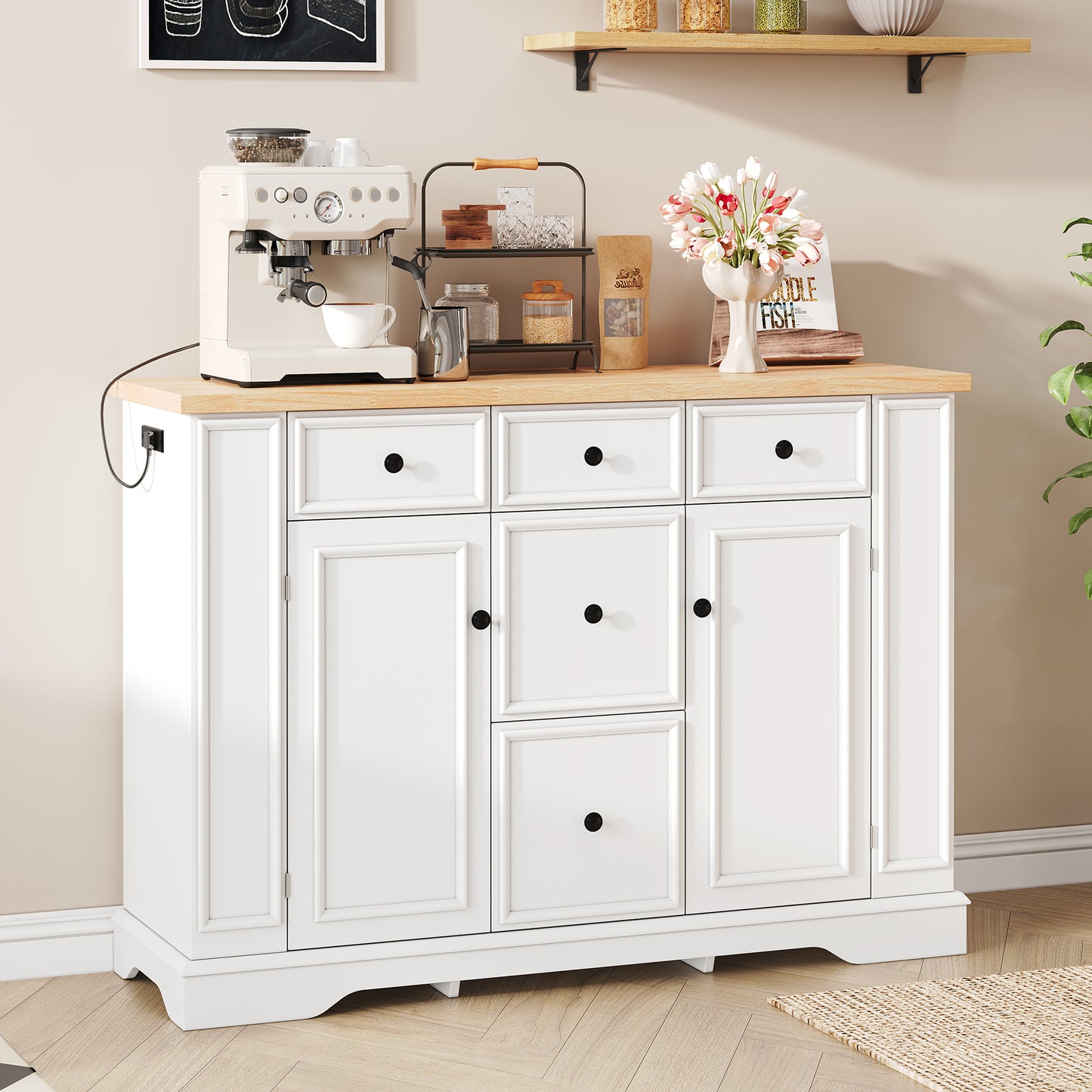 TREXM Sideboard Buffet Cabinet With Storage, Kitchen Console Table With 5 Drawers, 2 Cabinets, Adjustable Shelves, Buffet Server For Dining Room, Living Room, Entryway  White