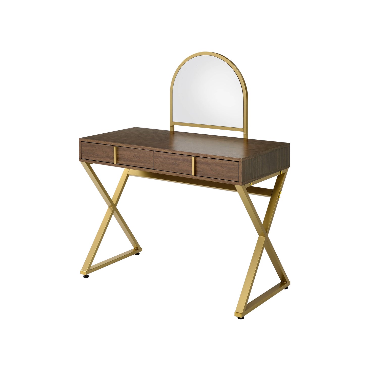 Coleen Walnut & Gold Finish Vanity Desk W Mirror & Jewelry Tray
