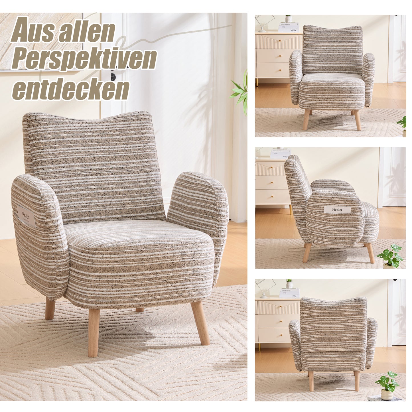 Modern Armchair, Fabric With Circle Pattern, With Side Pocket, Solid Wood Legs, Comfortable Reading Chair, Living Room, Bedroom, Office Khaki Boucle