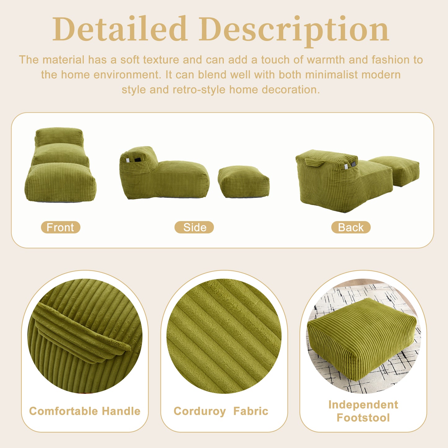 Big Bean Bag Chair For Adults,Lounger Large Bean Bag Sofa, Memory Foam Filled Beanbag Chair For Living Room, Bedroom, Balcony,Comfy Corduroy Bean Bag Chair With Ottoman,Ergonomic Support & Premium Com