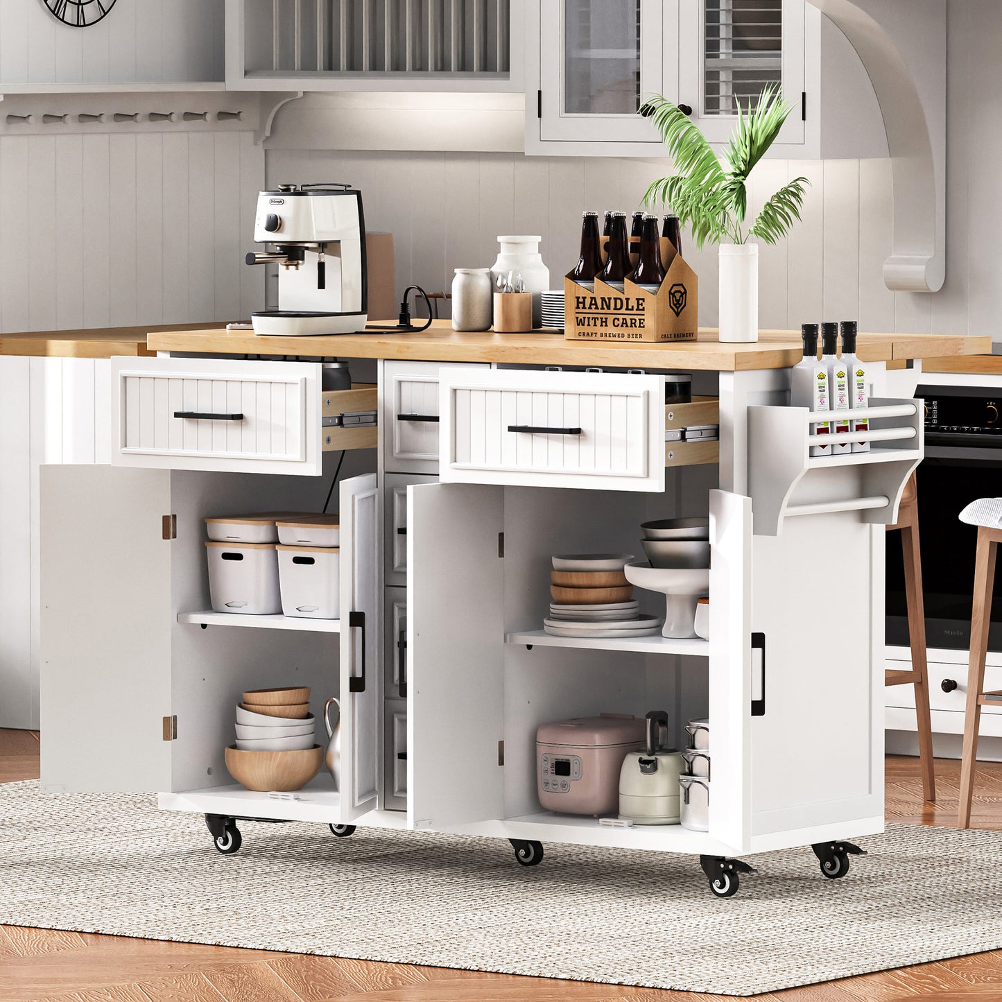 K&K 56.5  Kitchen Island With Drop Leaf, Power Outlet, Embossed Vertical Stripe Rolling Kitchen Cart On Wheels With 4 Doors , 5 Deep Drawers And Adjustable Shelves, For Kitchen, Dining Room, White