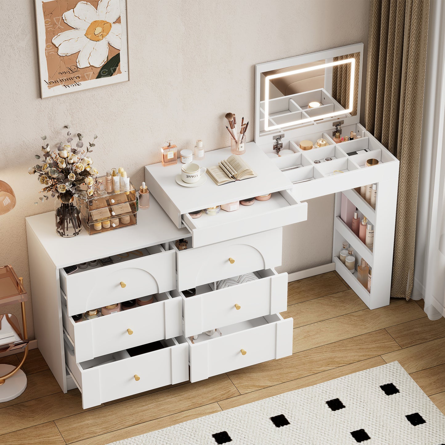 Rotatable Dressing Table With LED Lighting,Dressing Table,Office Table,White,105x40x80cm Old SKU N657P24679091W