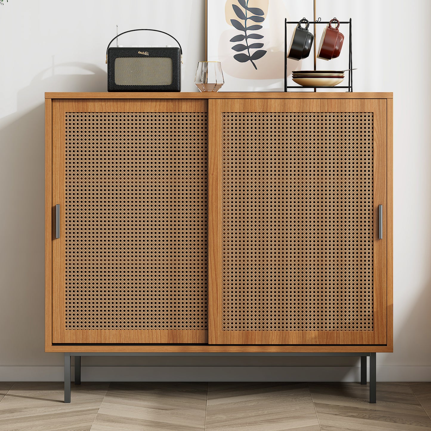 Sideboard, Kitchen Cabinet, Storage Cupboard With Rattan Decorated Doors, With 2 Sliding Barn Doors, 10 0 X 37 X 90 Cm, Adjustable Shelves, Walnut