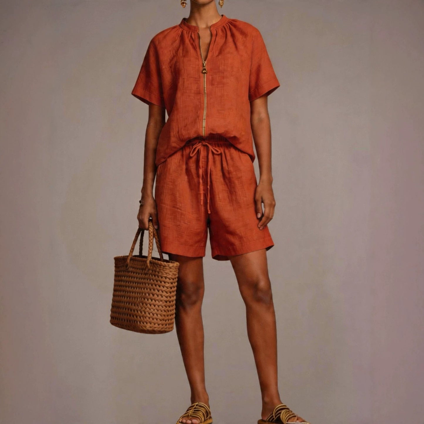 Summer New Solid-color Cotton-linen Short-sleeve Shorts Set