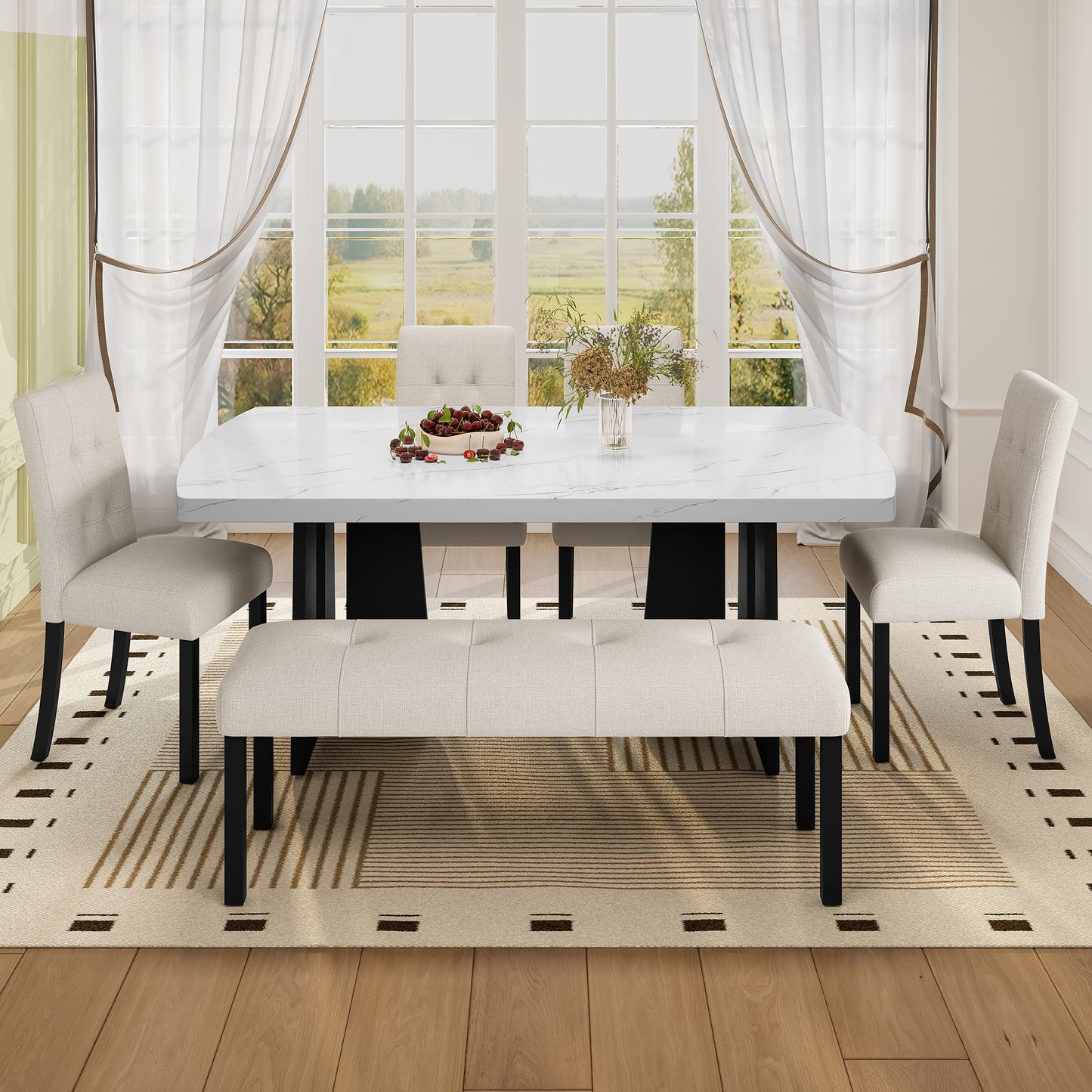 6 Piece Modern Dining Table Set, 63  Faux Marble Dining Table With Geometric Legs & 4 Upholstered Chairs & 1 Bench, Suitable For Dining Kitchen Room,Easy To Assemble, Beige   White