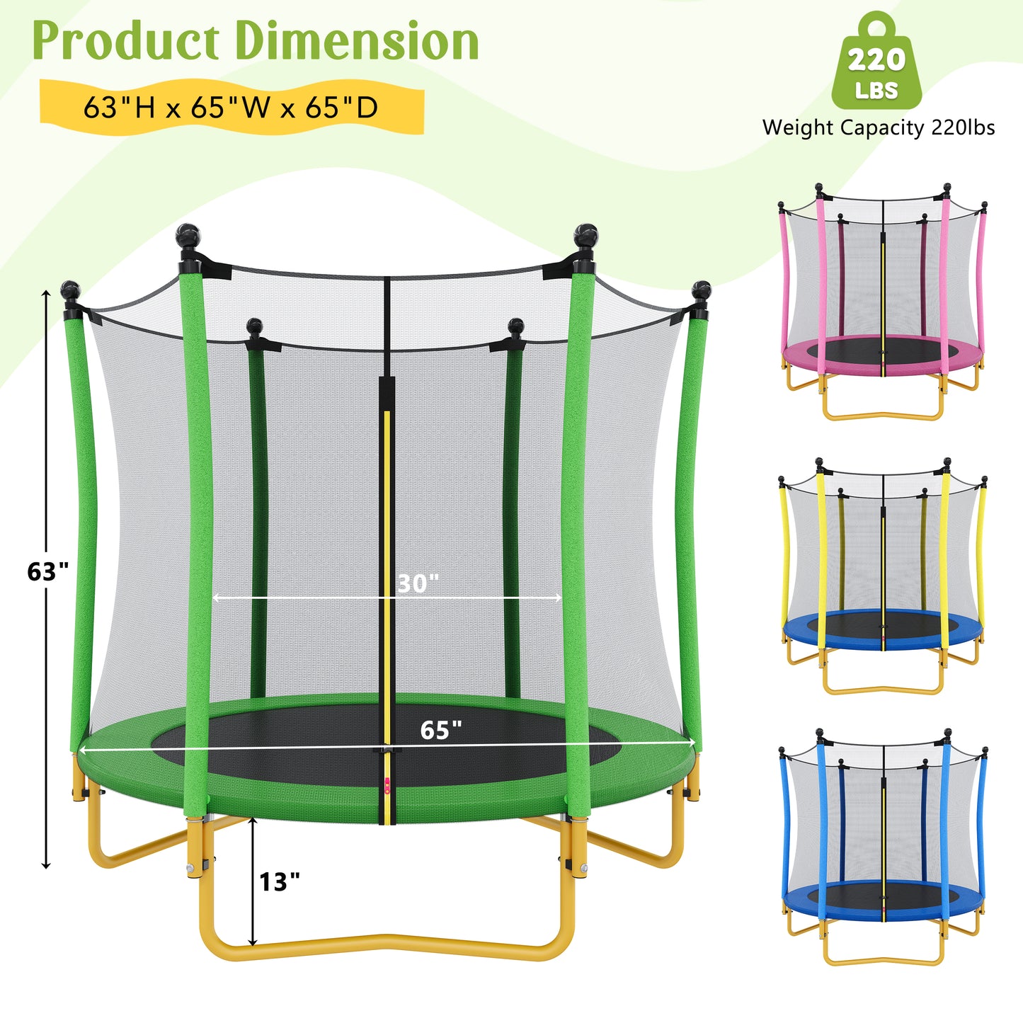 5.5 FT Kids Trampoline With Safety Net, Indoor Outdoor Toddler Trampoline With Enclosure, U-Shaped Stable Legs, Foam Padded Poles, Mini Trampoline For Kids,Green