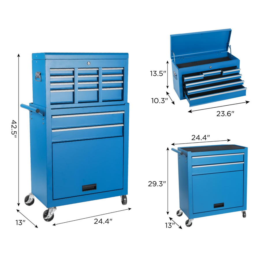 Tool Chest, 8-Drawer Rolling Tool Storage Cabinet With 2 In 1 Detachable Top Tool Box, Liner, Lockable Wheels, Side Hooks, Metal Tool Cart For Garage