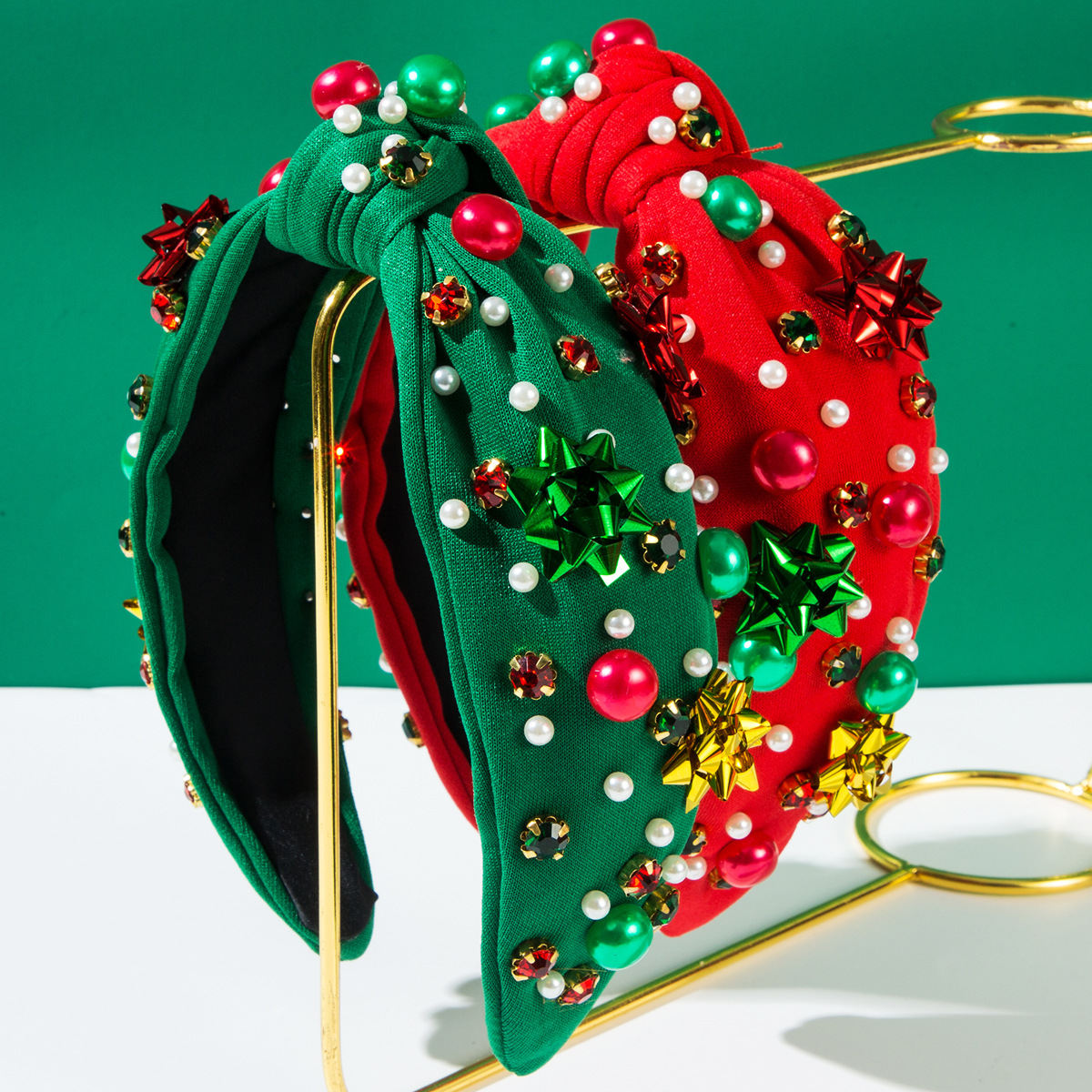 Christmas Headband Red Green Plastic Flowers Accessories Pearl Headband
