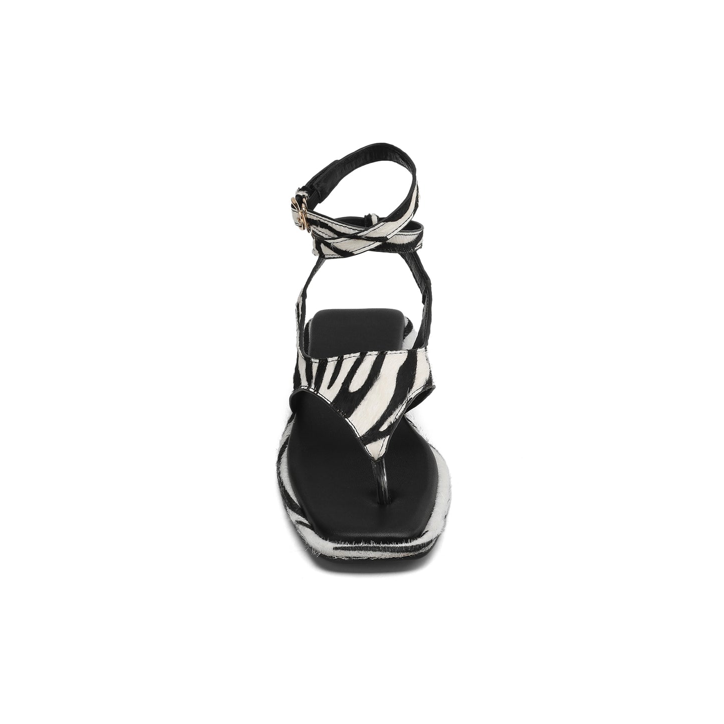 Women's Zebra Print Calf Hair Flat Sandals, Handmade Leather Thong Ankle Strap Shoes