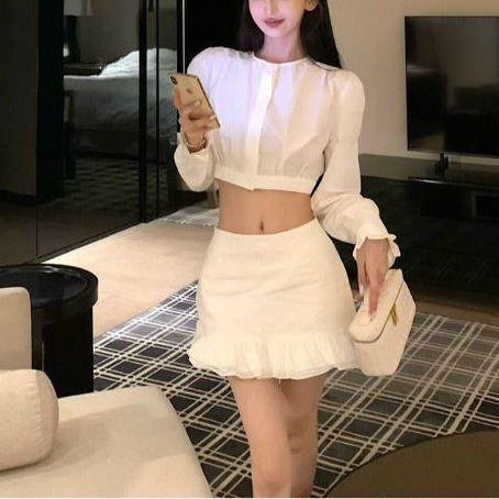 Korean New Fashion Set White Short Long Sleeve Shirt Women