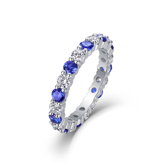 2.4g S925 Sterling Silver Platinum Plated Eternity Ring  Synthetic Blue Sapphire & White Stone Alternating Band, Dainty Hollow Promise Ring For Women, Jewelry Gift Box Set