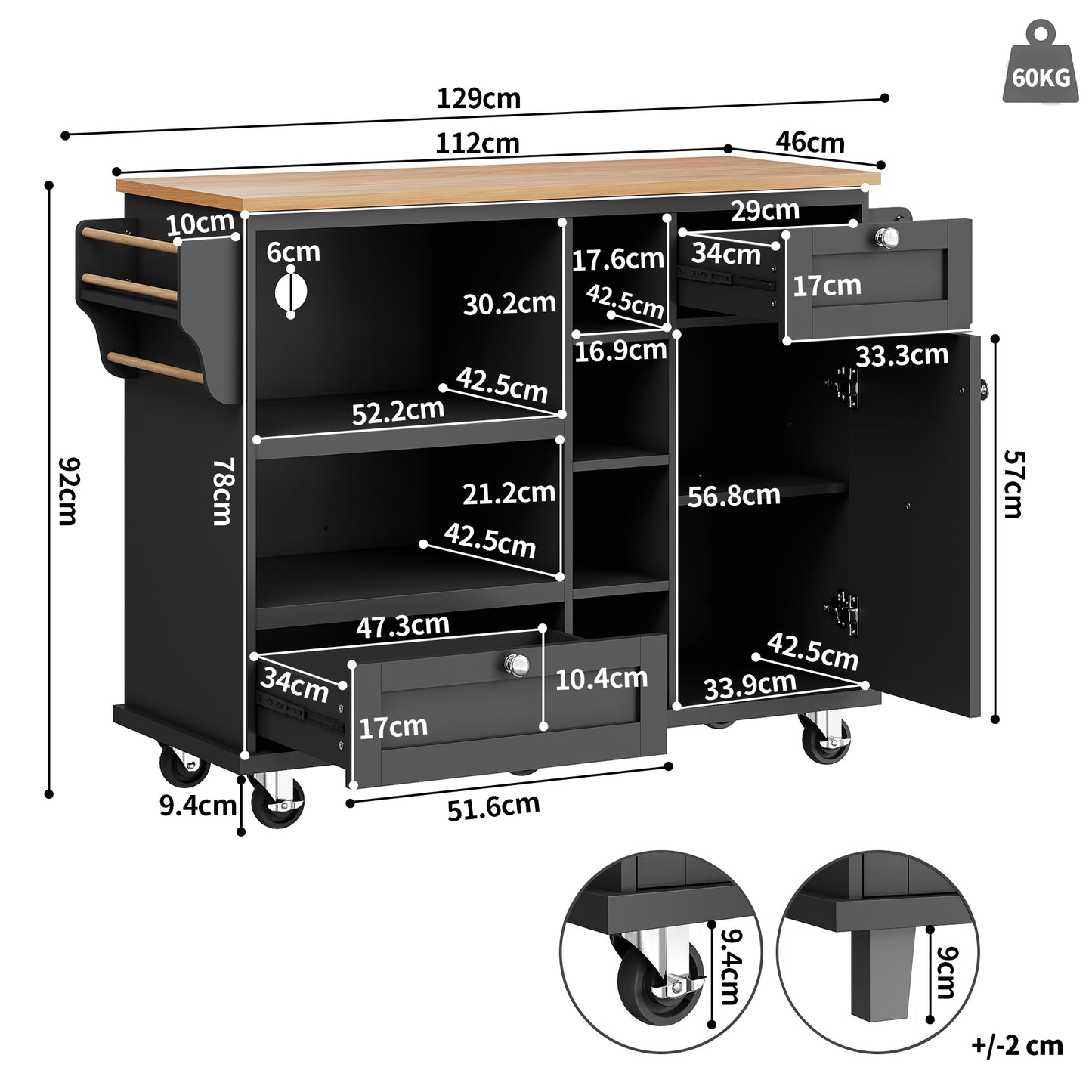 Dining Trolley  129 X 46 X 92 Cm , Modern And Simple Black Movable Kitchen Dining Trolley With Drawers And Storage Cabinets, Light Brown Wooden Countertop Previous Sku N620P19312829S