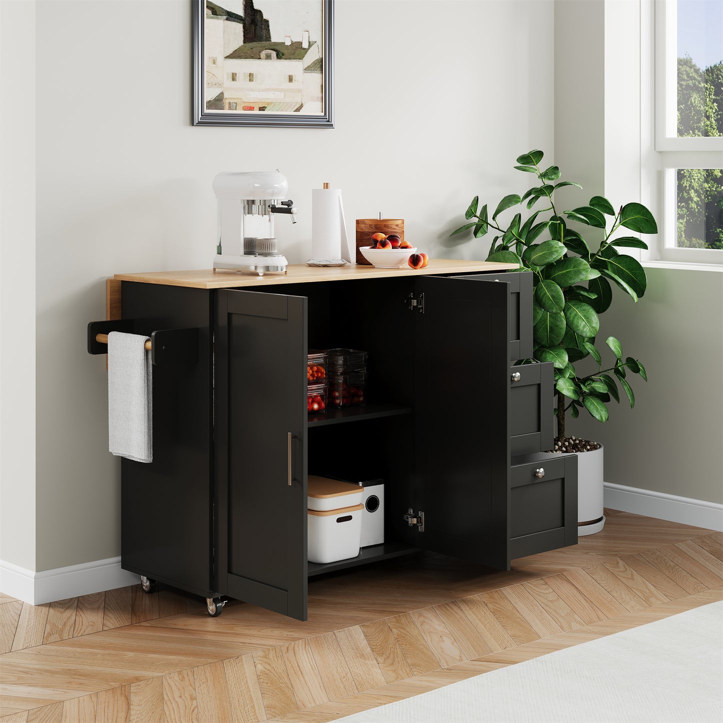 L135XW44  70XH90cm Large Mobile Kitchen Table, Oak Countertop, Folding Design, Multifunctional Cabinet, 3 Drawers, Towel Rail, Suitable For Kitchen, Dining Room, Home