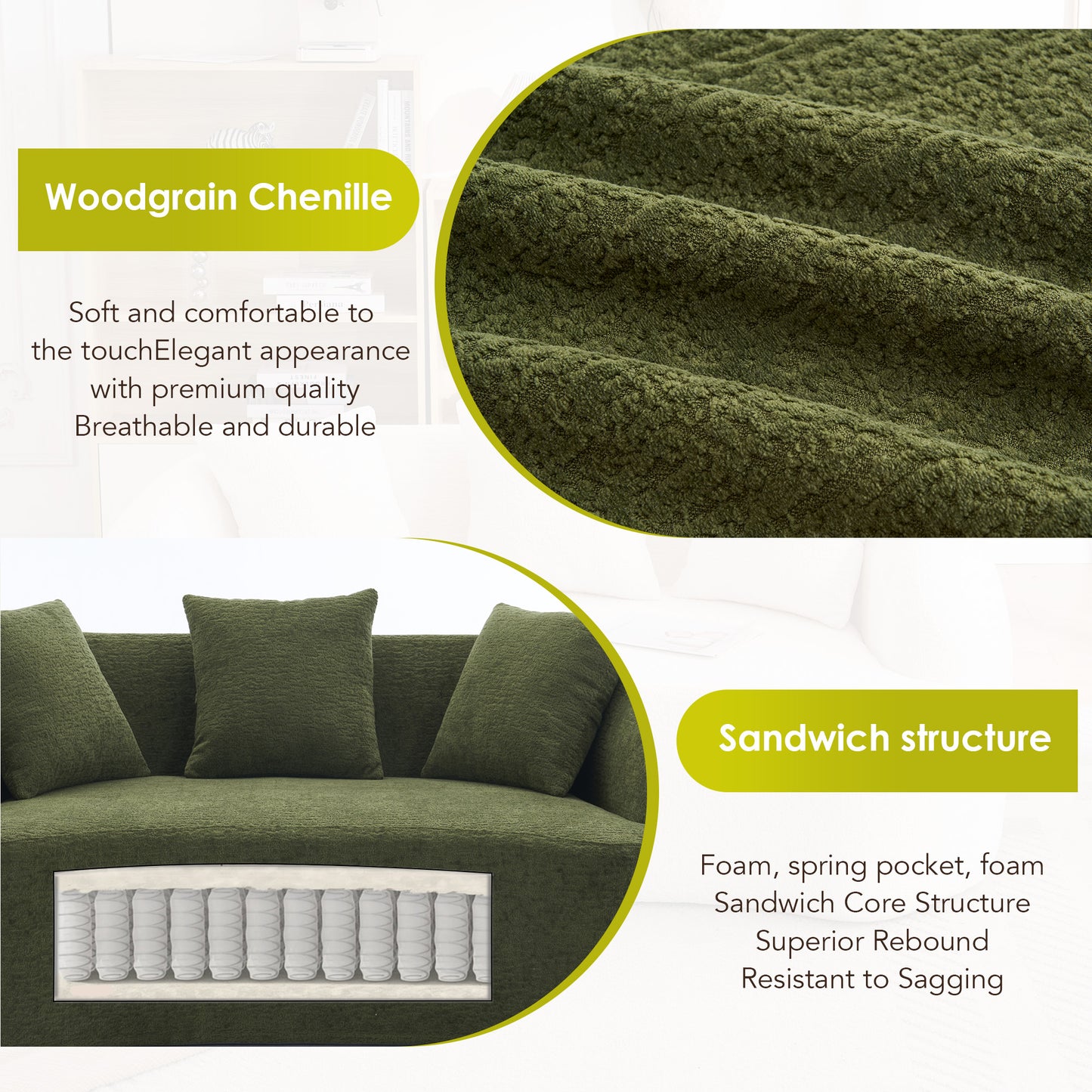 LY-049S Curved Modern Boneless Sofa Loveseat  Backrest Upgrade  2-Seater Green Chenille Compression Couch With 3 Pillows  Minimalist Modular Couches For Living Room  Office  Apartment  Guest Room