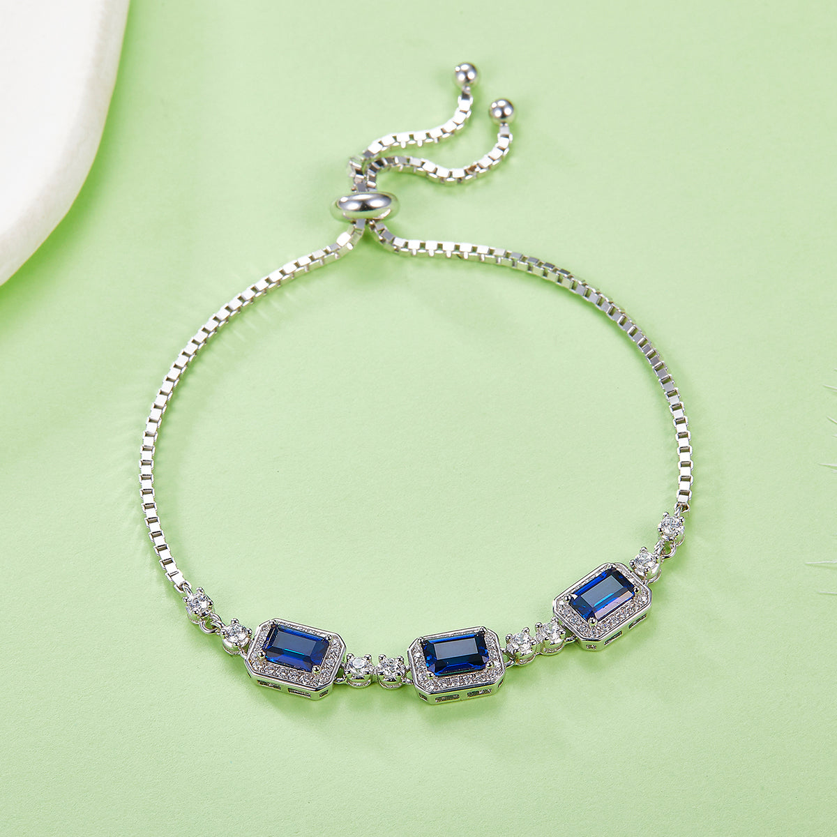 S925 Sterling Silver Adjustable Bolo Bracelet, 6x4mm 3-Stone Lab-Grown Emerald Sapphire Halo, 21cm Platinum Plated 6.2g Women's Jewelry Gift Box