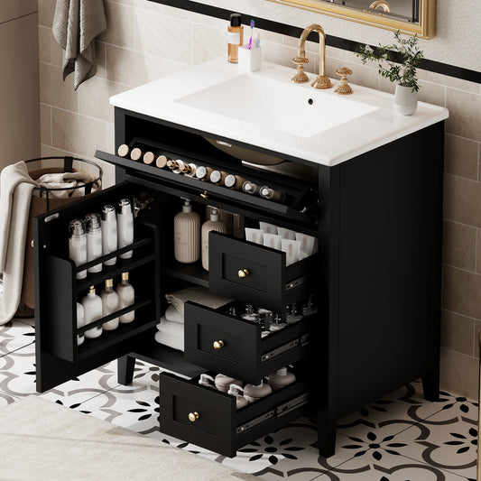 30-Inch Black Bathroom Vanity With Sink, Modern MDF And Rubberwood Cabinet With 3 Drawers And Adjustable Shelf, Freestanding Vanity For Bathroom Storage And Organization Left Door
