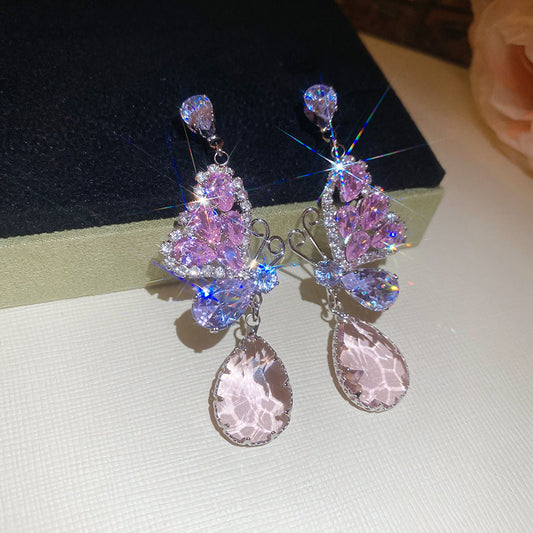 Sweet Purple Crystal Flower Earrings For Women Korean Style Rhinestone Luxury Versatile