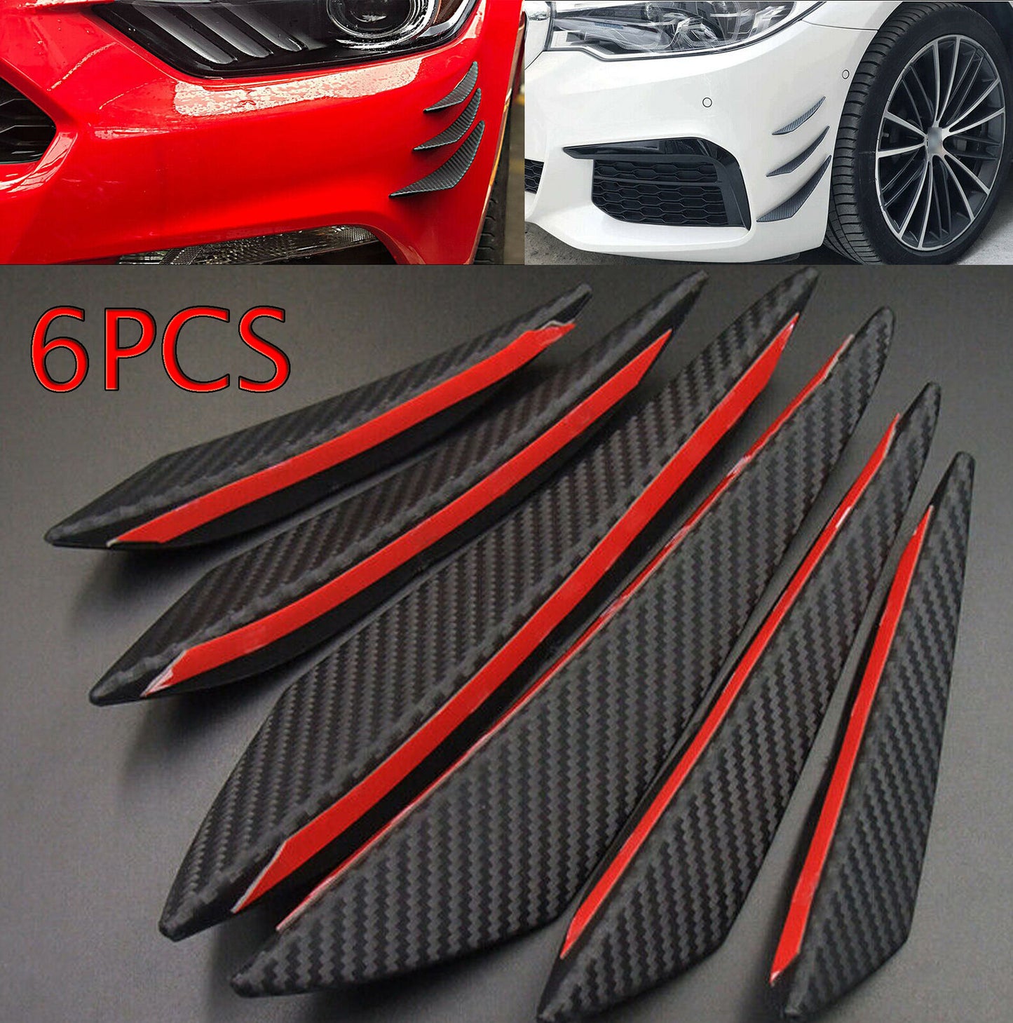 6Pcs Universal Carbon Fiber Car Front Bumper Canards Fins Spoiler Body Splitter