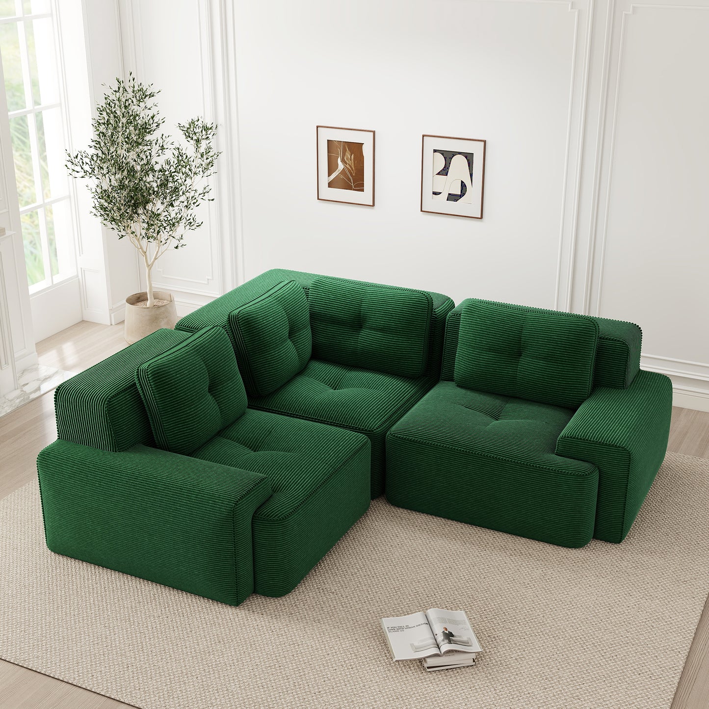 Frameless Sofa For Living Room, Office Sofa, Modular Combination Sofa, Comfortable Upholstered Corduroy Fabric Low-seat Sofa, No Assembly Required, Non-slip Design.Green