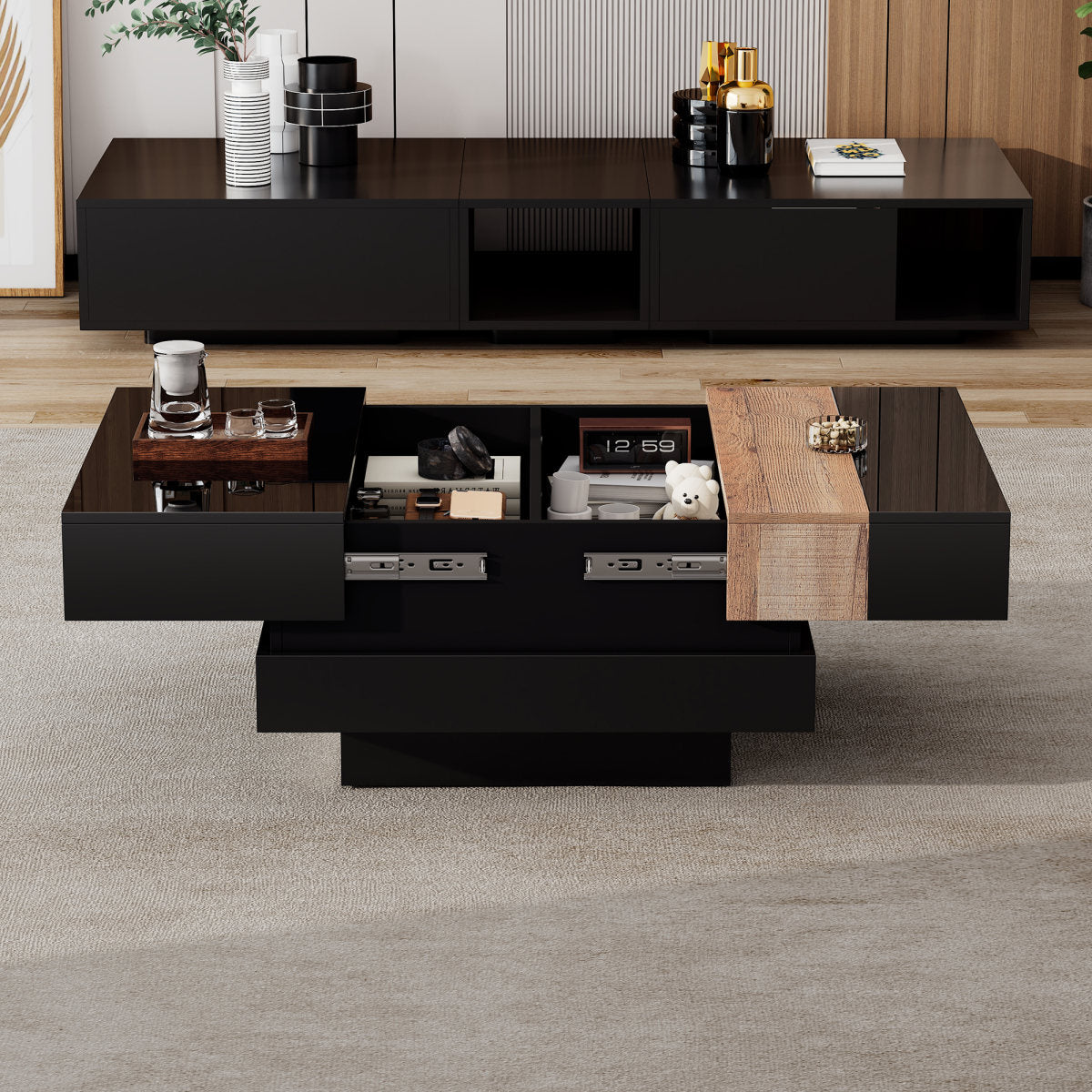 70x70x39cm Square Living Room Table,Extractable Coffee Table With Hidden Storage,Color Block Design Tea Table,High Gloss Living Room Side Table,Black,MDF