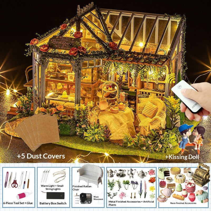 DIY Cottage Craft Assembled Rose Garden Tea House Puzzle Toy
