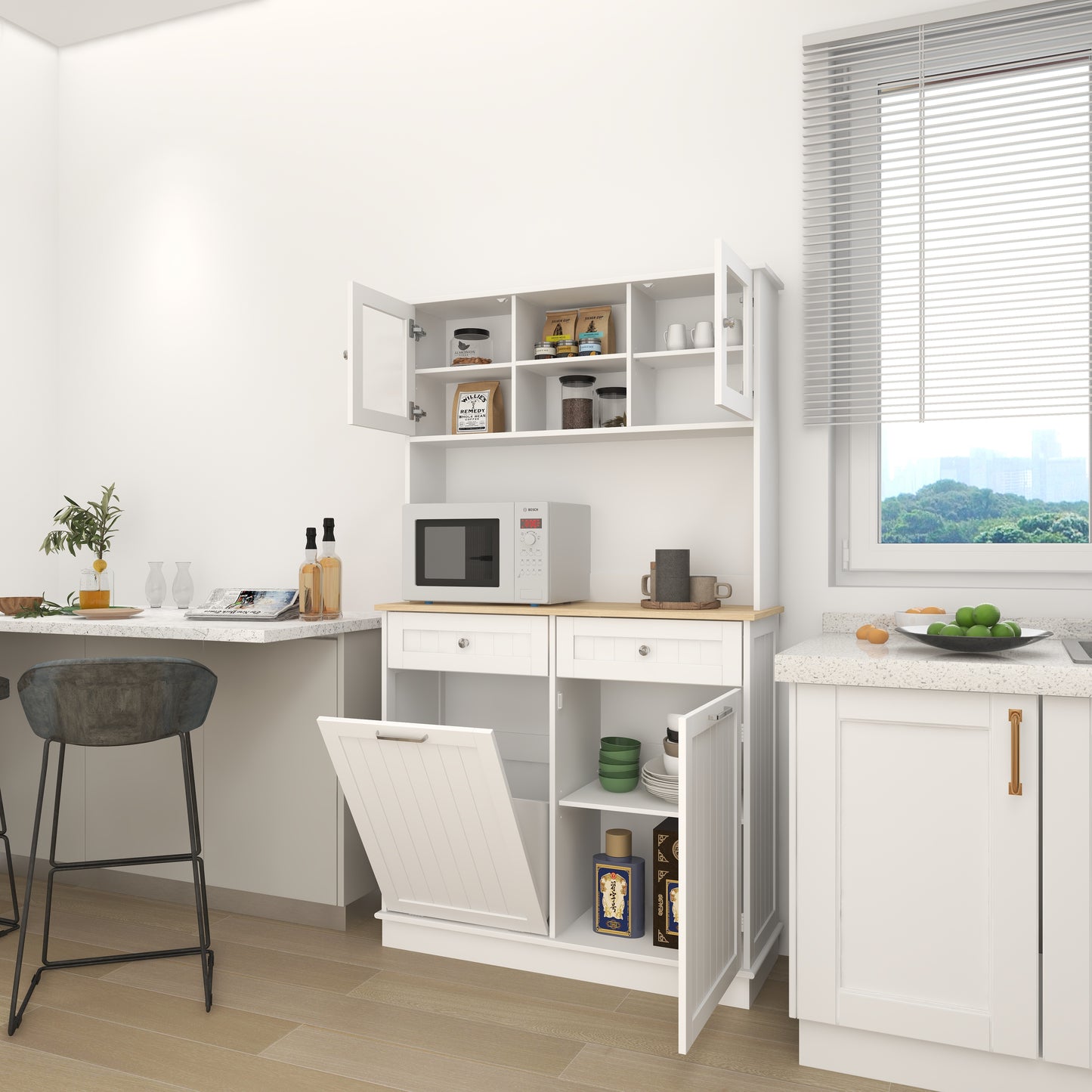 67.7  Tall Kitchen Trash Can Storage Cabinet With 3 Adjustable Shelves, 2 Drawers And 1 Tilt Out Trash Cabinet For Kitchen, Dinning Room, Living Room-White