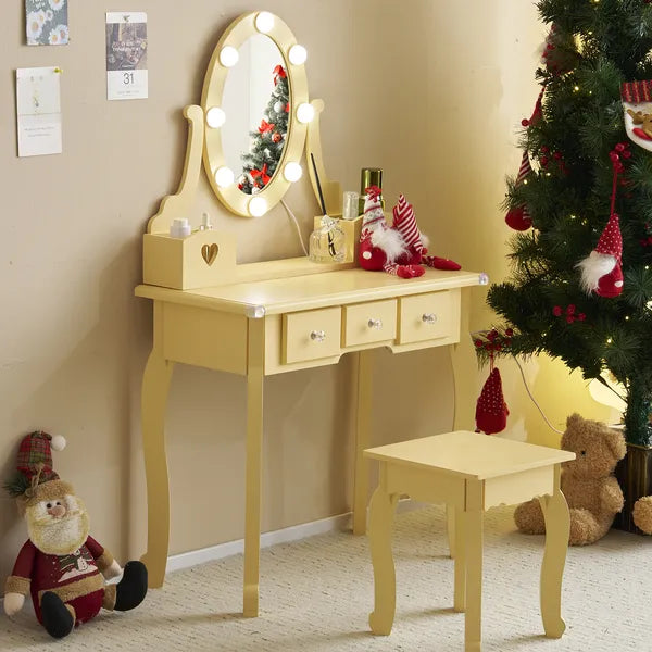 Kids Vanity Set With Mirror And Lights And Stool, 5 Storage Drawers, Pretend Play Princess Makeup Desk Dressing Table And Stool Set For Little Girls Age 3, Macaroon Orange
